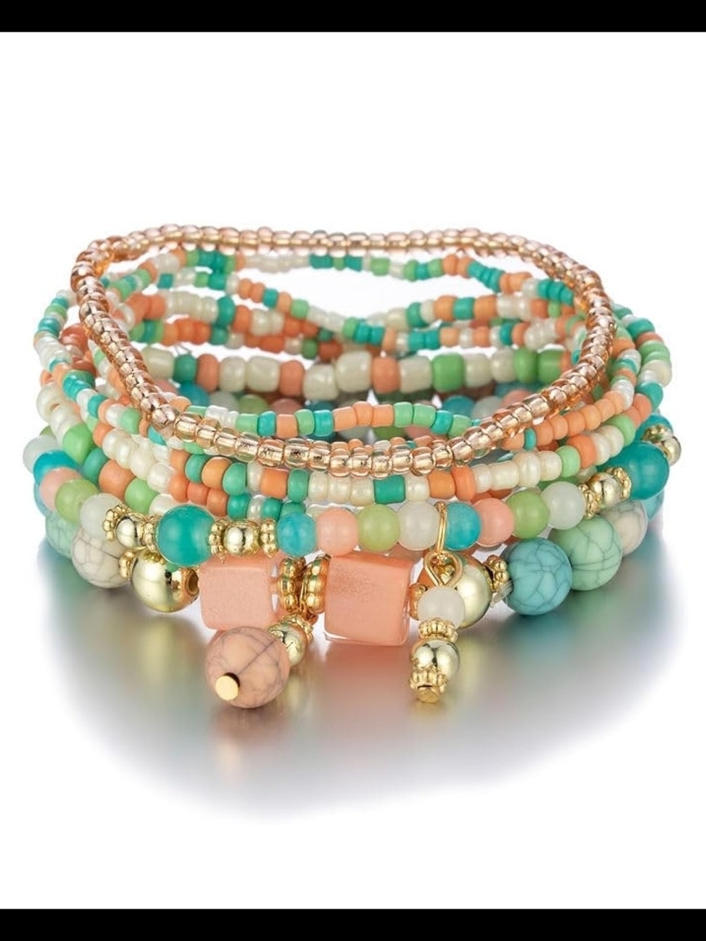 Turquoise & Peach Multi-Strand Beaded Wrap Bracelet - Picture 1 of 1